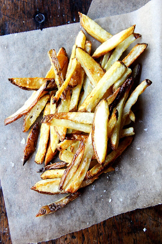 A pile of just-baked homemade French fries. 