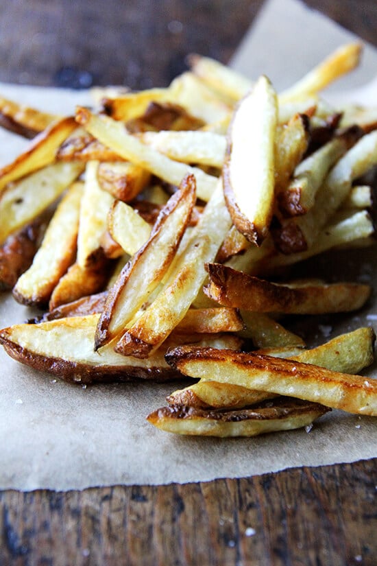 A pile of the homemade French fries. 