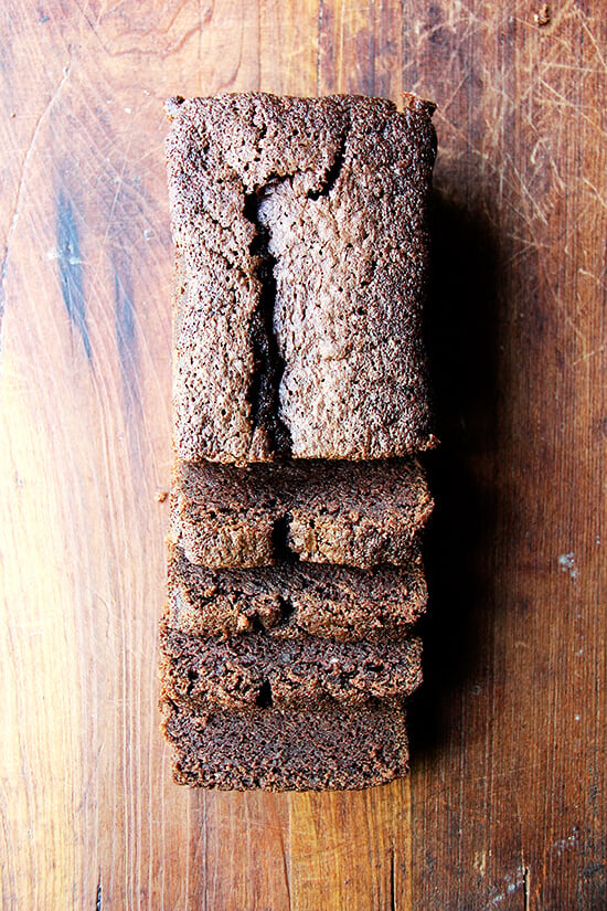 Nigella's dense chocolate loaf cake, sliced.