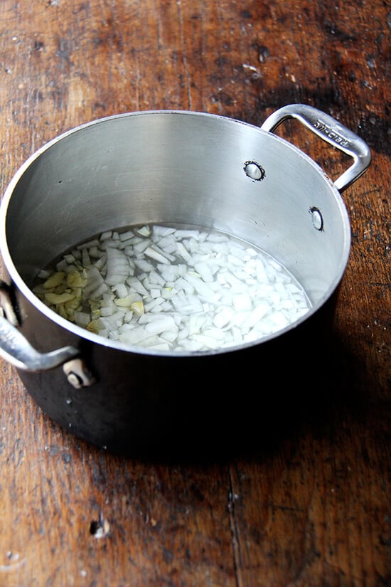 A soup pot with onions and garlic in water.