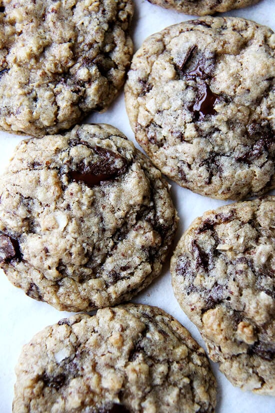 A sheet pan filled with chocolate-coconut cookies.