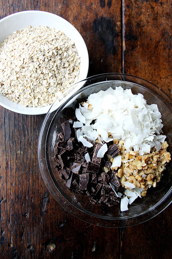 oats, chocolate, coconut, walnuts