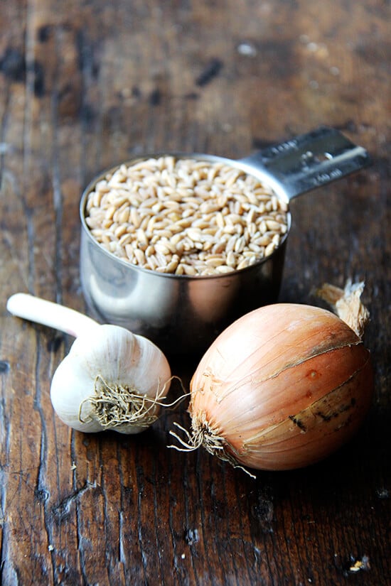 Onion, garlic, farro on a table. 