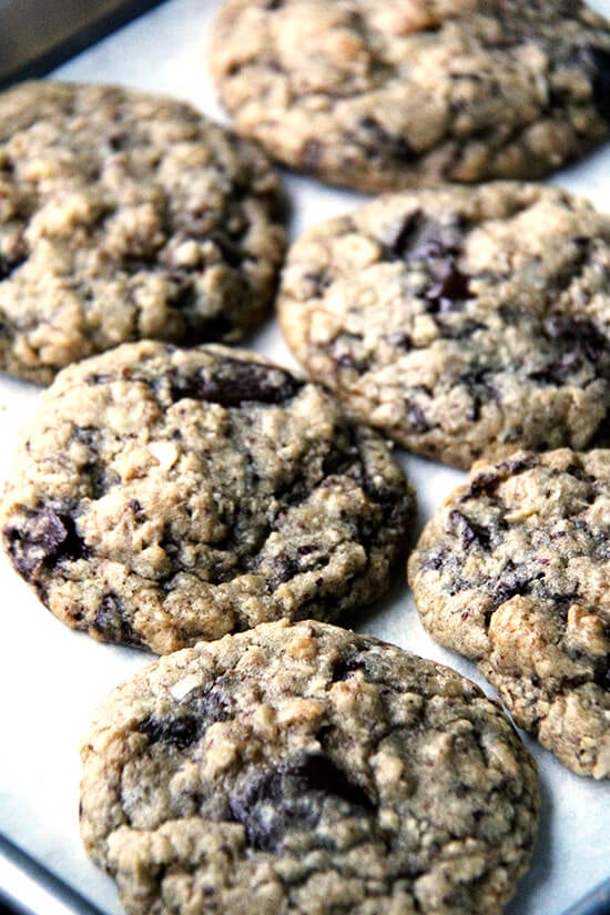 A sheet pan filled with chocolate-coconut cookies.