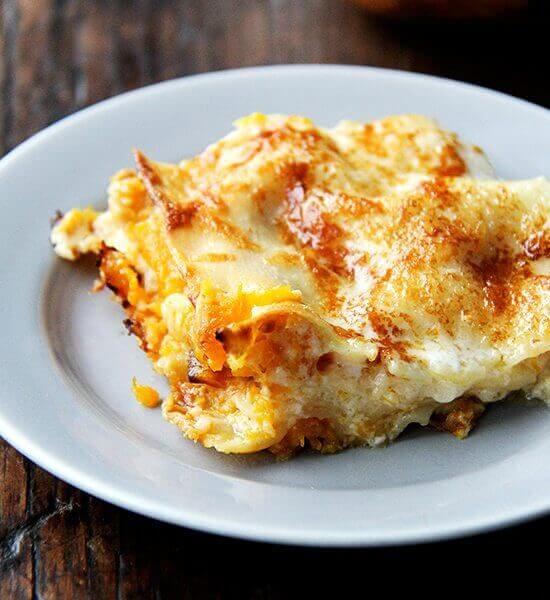 A slice of butternut squash lasagna on a plate.