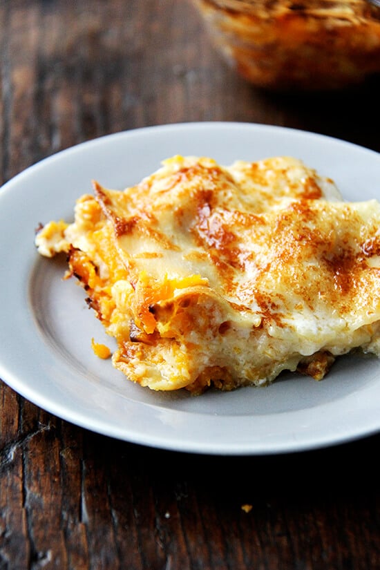 A slice of butternut squash lasagna on a plate.