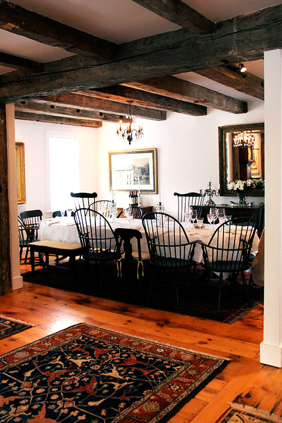 A set dining room table in a farmhouse in Vermont. 
