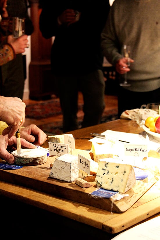 Jasper hill farm cheeses on a board. 