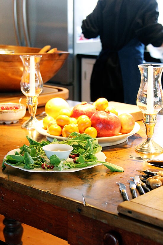 Radishes on a plate on a kitchen table. 