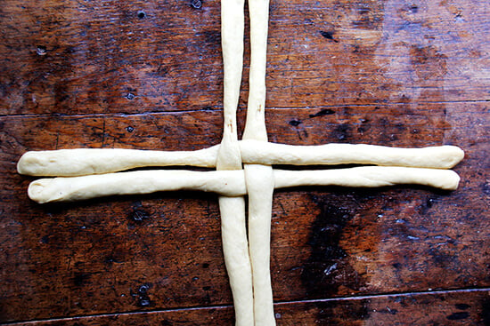 shaping round challah bread, step 2