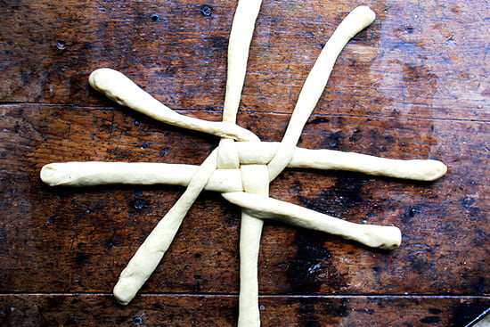 shaping round challah bread, step 3