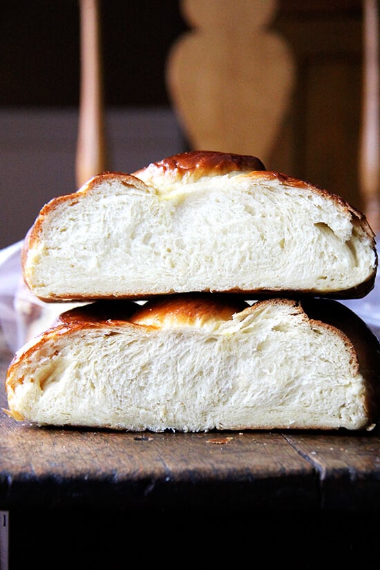 Day-old challah bread, halved.