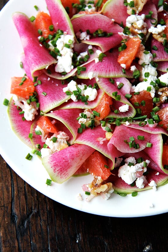 Watermelon radish, goat cheese, chives, and walnut salad. 