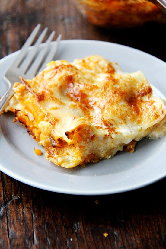 A slice of butternut squash lasagna on a plate. 