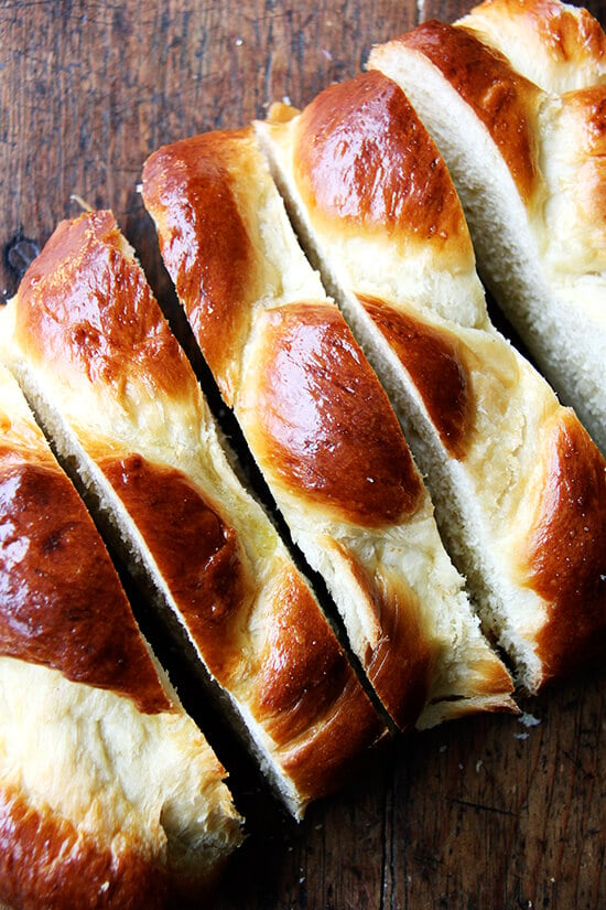 Day-old challah bread sliced for French toast. 