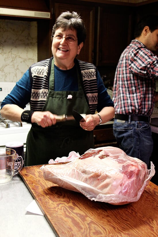 Antonietta, an Italian woman and excellent cook, sharpening her knife.