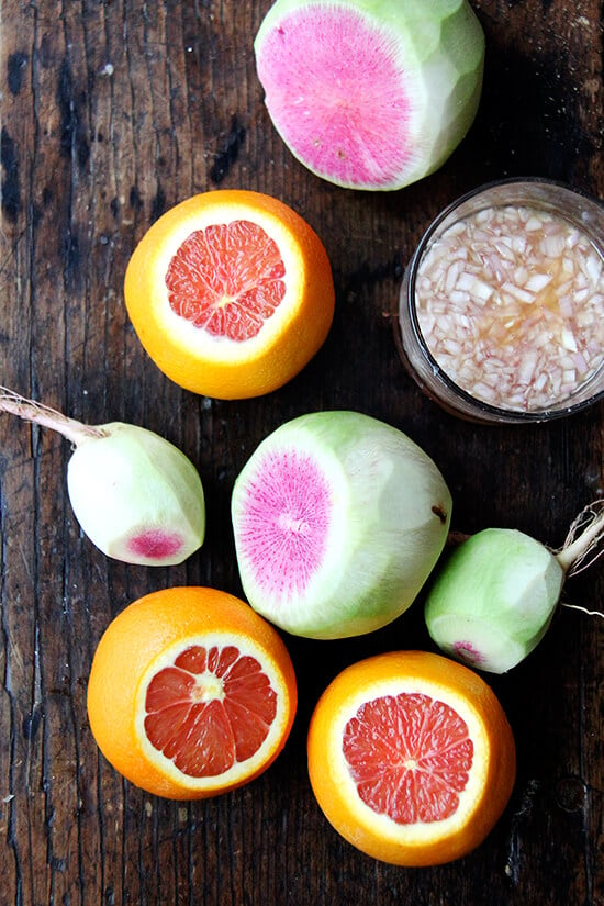 Watermelon radishes and cara cara oranges.