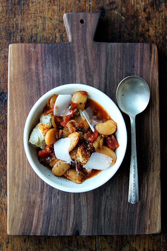 A bowl of slow cooker large white beans (gigante beans).