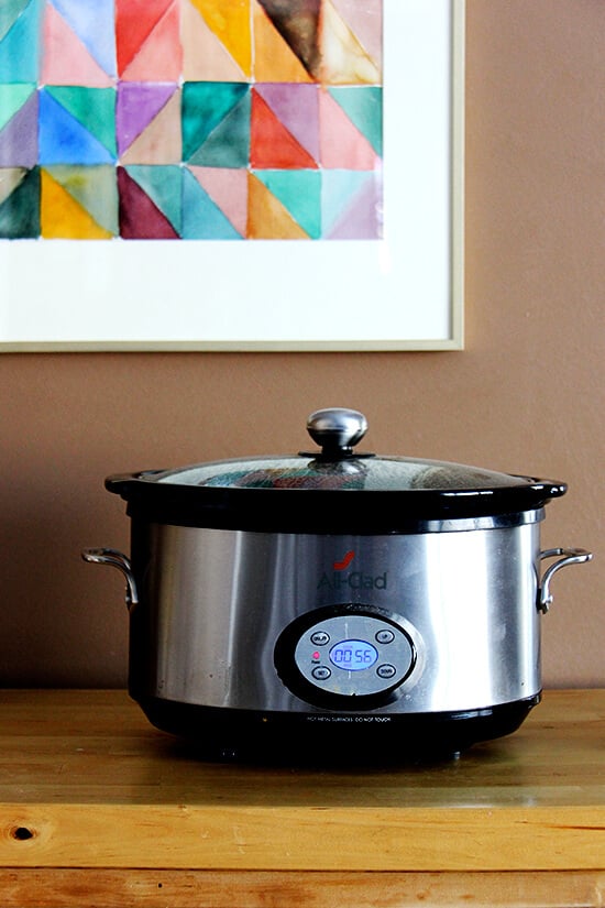 All Clad slow cooker on the countertop. 