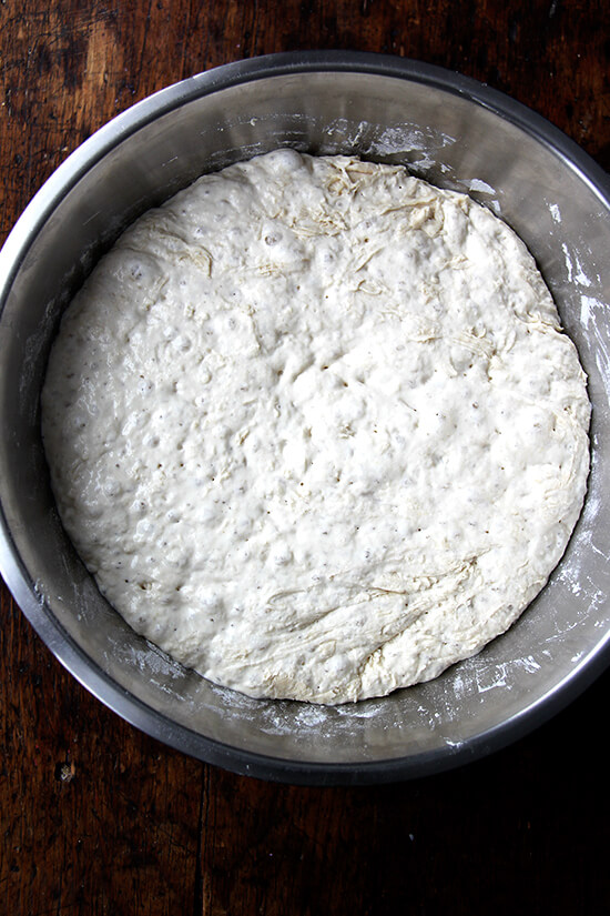 A bowl holding bialy dough, risen.