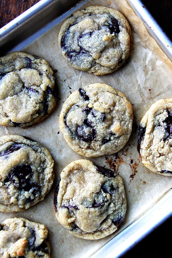 Just baked soft and chewy chocolate chip cookies on a sheet pan.