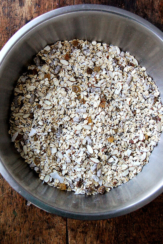 A large bowl of homemade muesli. 