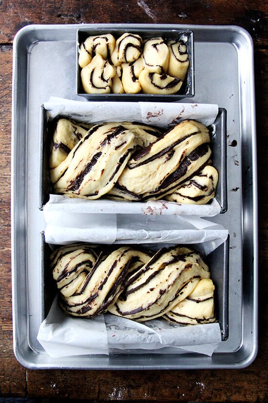 Three loaf pans filled with babka dough, ready for the oven