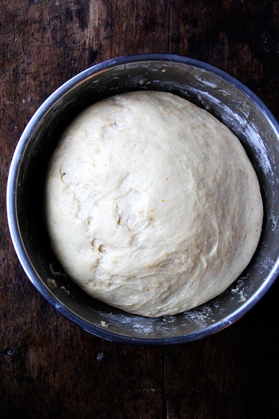 A bowl with dough, risen.