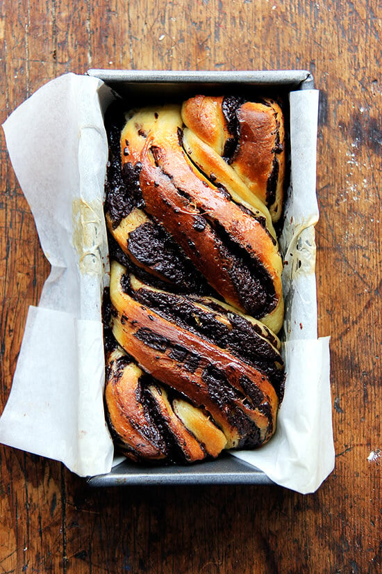 Overhead shot of just-baked babka. 