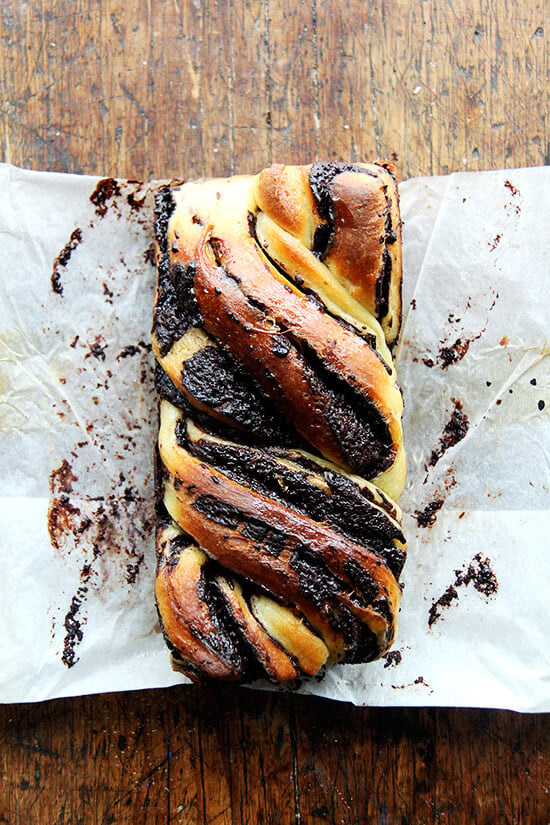 cooled babka on a cutting board 