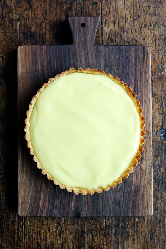 What to do with a case full of Meyer lemons in March? How about a delicious lemon tart made with lemon cream in a tart shell? Yum. // alexandracooks.com
