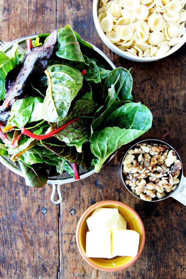 ingredients for Swiss chard pasta with brown butter and walnuts