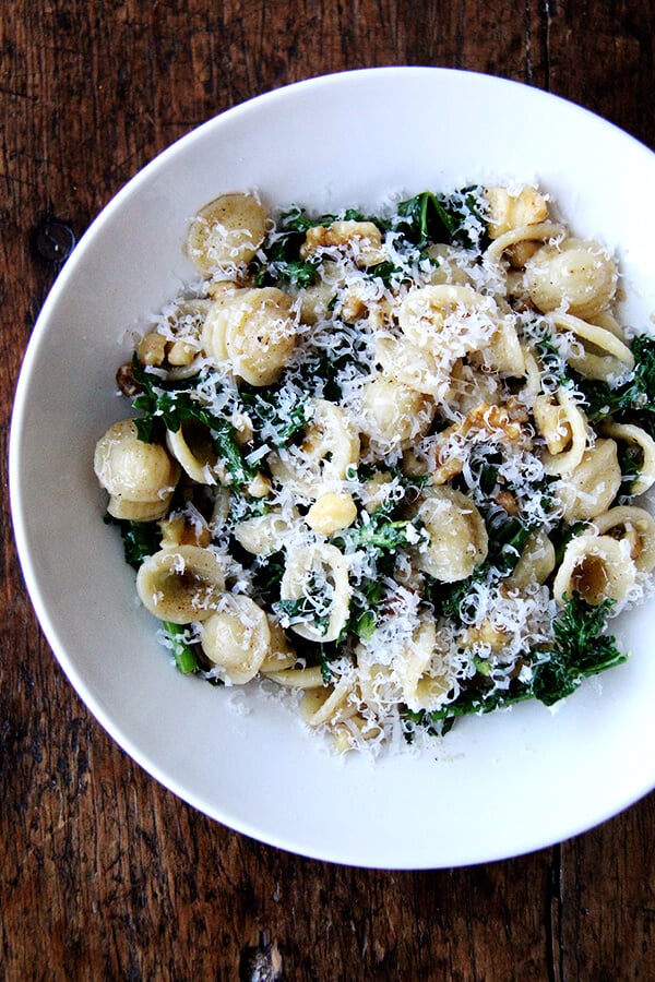 A bowl of orecchiette with Swiss chard, brown butter and walnuts.