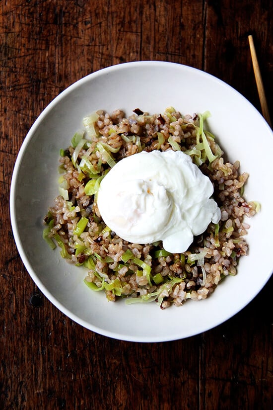 This recipe for ginger-fried rice is a simple process with a modest ingredient list made from many pantry staples. And the genius of this recipe is that you don't need day-old rice. Whereas in traditional fried rice, crunch is provided by browning day-old rice, here crunch comes by way of ginger and garlic that have been crisped in oil and reserved for sprinkling overtop at the end. // alexandracooks.com