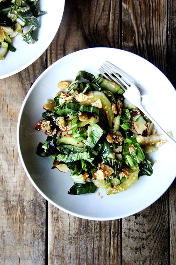 Bok choy salad with sesame almond crunch in a salad bowl.  