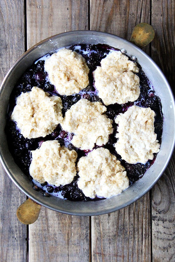 A pie plate with biscuit topping added to baked blueberries — step 4 of blueberry cobbler recipe.