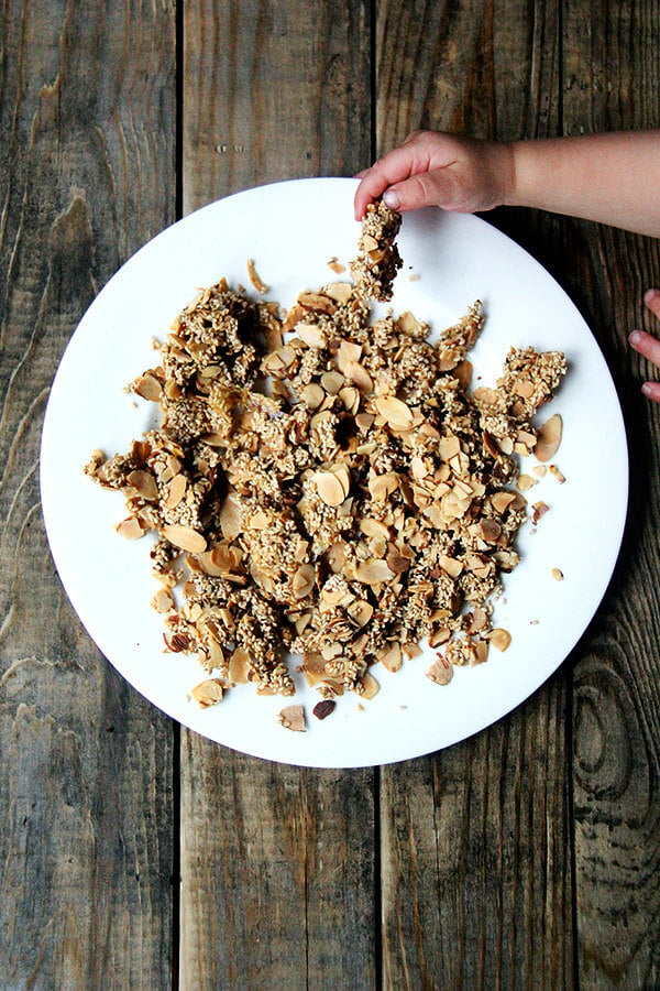 sesame-almond crunch on a plate.