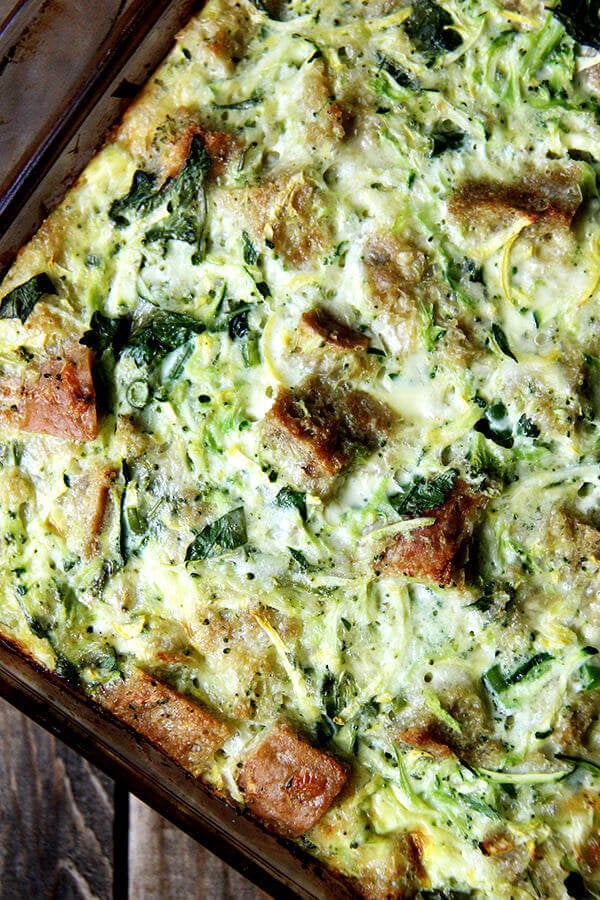 Vegetable strata is a dish whose merits I'm discovering are endless: no-fuss, feeds a crowd, well-suited for any number of vegetables. A little bit of meat — sausage, bacon, ham, pancetta — and a splash of Tabasco transforms this strata into the perfect brunch casserole. // alexandracooks.com