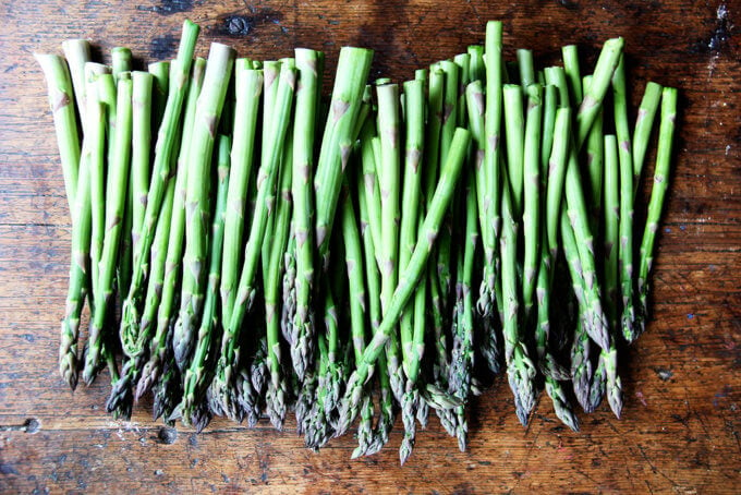 Asparagus on a board.