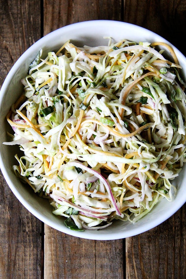 This is my favorite recipe for buttermilk dressing, which I love for slaw — so much lighter than mayonnaise-based dressings, and delicious, too: vinegar, Worcestershire, and hot sauce give it a nice kick/bite. To put it all together, I used cabbage, basil, cilantro, scallions, and two turnips as well as a couple of carrots. // alexandracooks.com