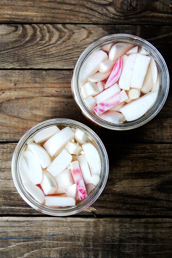 These pickled turnips and beets are just the recipe you'll need for the few turnips languishing in your vegetable bin along with those beautiful, candy-striped beets. Note: All color (including pretty stripes) is leached from the beets after a few hours in the brine. // alexandracooks.com