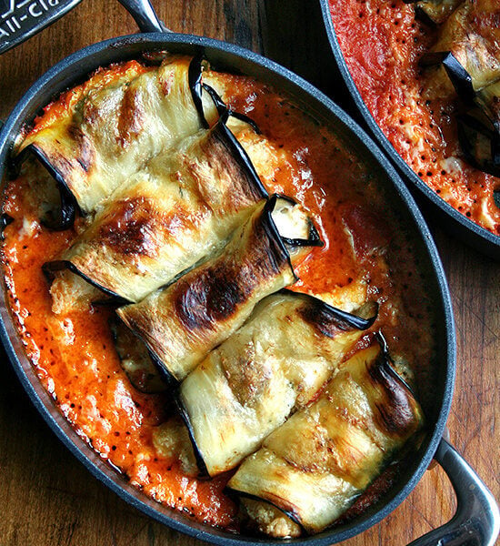 A pan of eggplant involtini