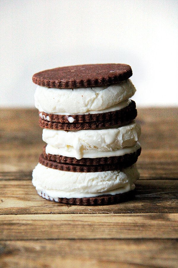 Even in soft-batch form, these ice cream sandwiches shine, their deep cocoa flavor permeating every bite, their yielding texture preventing the ice cream from squirting out the sides. Once assembled, these sandwiches benefit from a brief chilling in the freezer to set up, but as far as I can tell, there's no wrong way to eat ice cream's favorite cookie...or something like that? // alexandracooks.com