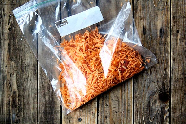 grated sweet potato in a ziplock bag