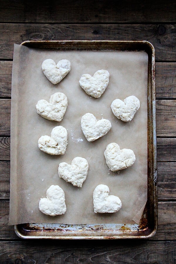 A tray of unbaked heart scones.