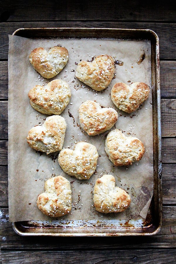 A tray of freshly baked heart scones.