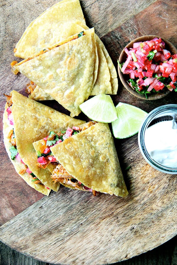 Sweet potato quesadillas on a board. 