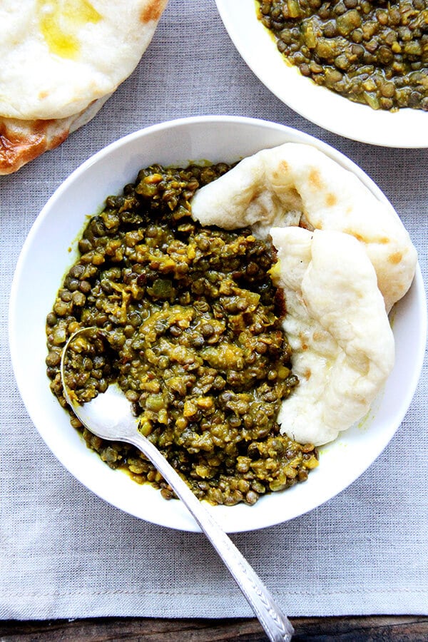 This two-lentil dal is delicious and couldn't be simpler to throw together: sweat an onion, add spices (cumin, coriander fennel, turmeric and crushed red pepper flakes) and lentils, cover with water, simmer until done. The result, a happy mix of creamy and chunky, like a partially puréed soup, will be very welcomed at the table. // alexandracooks.com