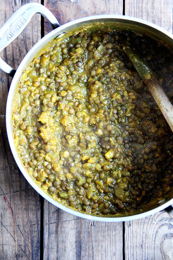 This two-lentil dal is delicious and couldn't be simpler to throw together: sweat an onion, add spices (cumin, coriander fennel, turmeric and crushed red pepper flakes) and lentils, cover with water, simmer until done. The result, a happy mix of creamy and chunky, like a partially puréed soup, will be very welcomed at the table. // alexandracooks.com