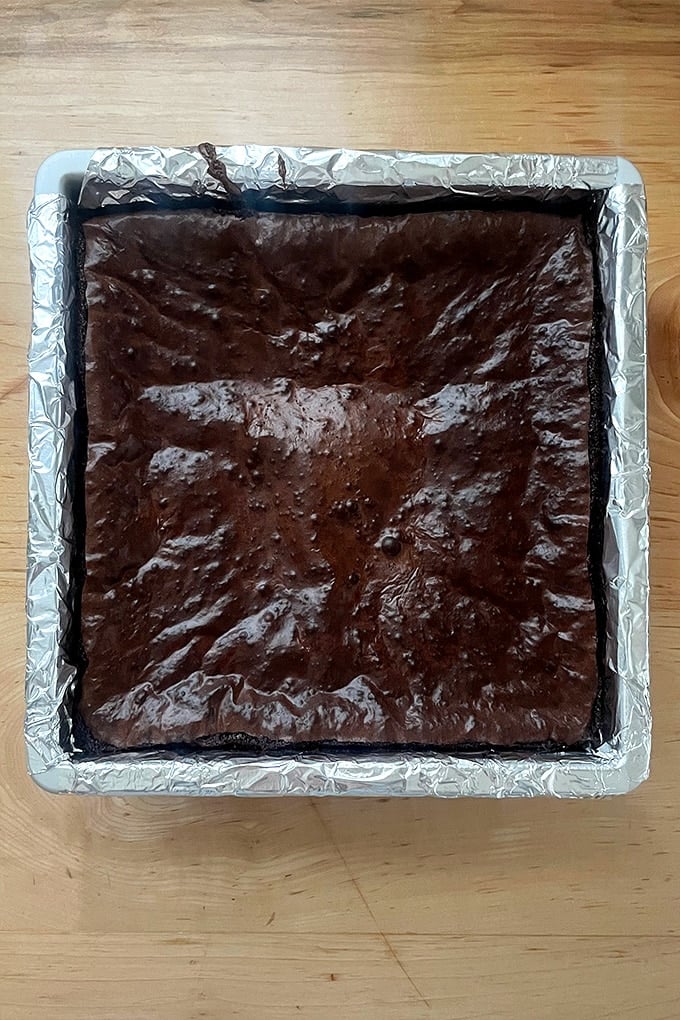Just-baked brownies still in pan. 
